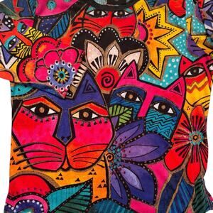 Laurel Burch Cat Top Women's Size XL 3/4 Sleeve T-shirt Art to Wear Colorful